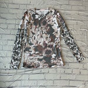 Before + Again Women’s White Grey Splatter Print Long Sleeve Crew Shirt S Top